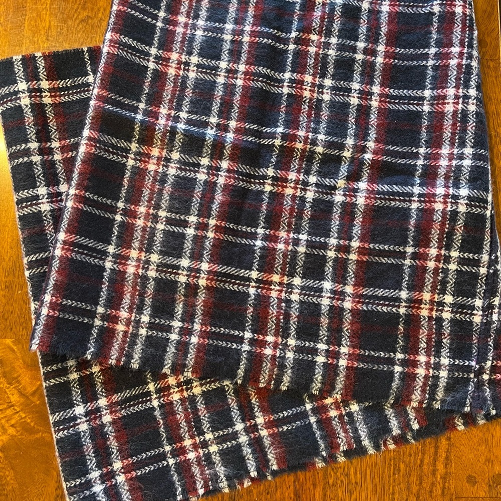 Blue, maroon, and white plaid infinity scarf